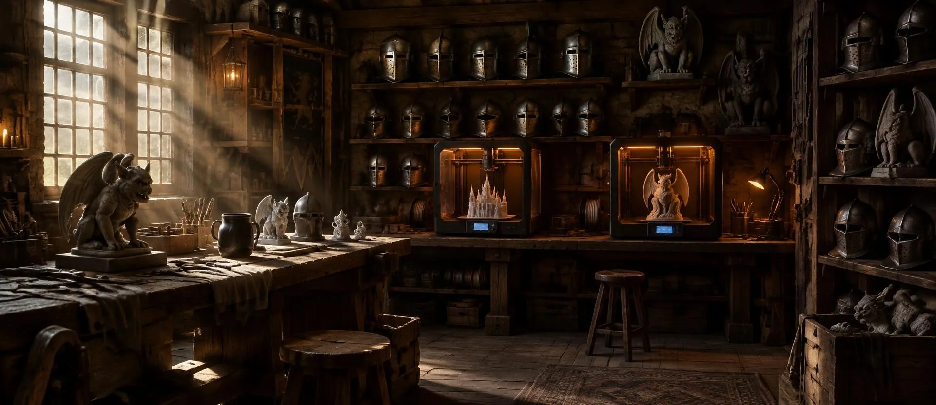 Dark workshop interior with workbenches, glowing 3D printers and shelves of helmets and busts