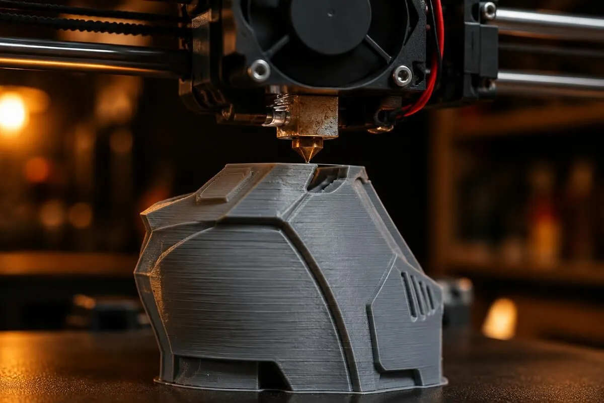 FDM 3D printer nozzle printing a grey armor part