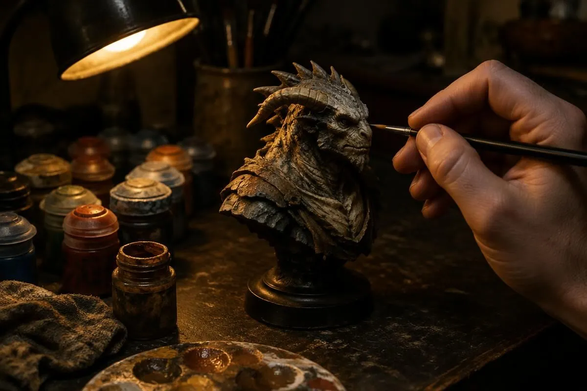 Hand painting a creature bust with a fine brush beside paint pots