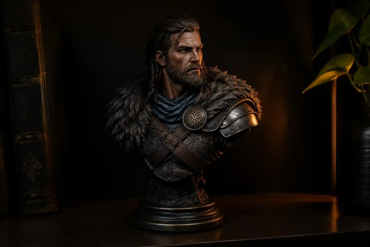 Finished painted warrior bust on a dark shelf with soft rim light