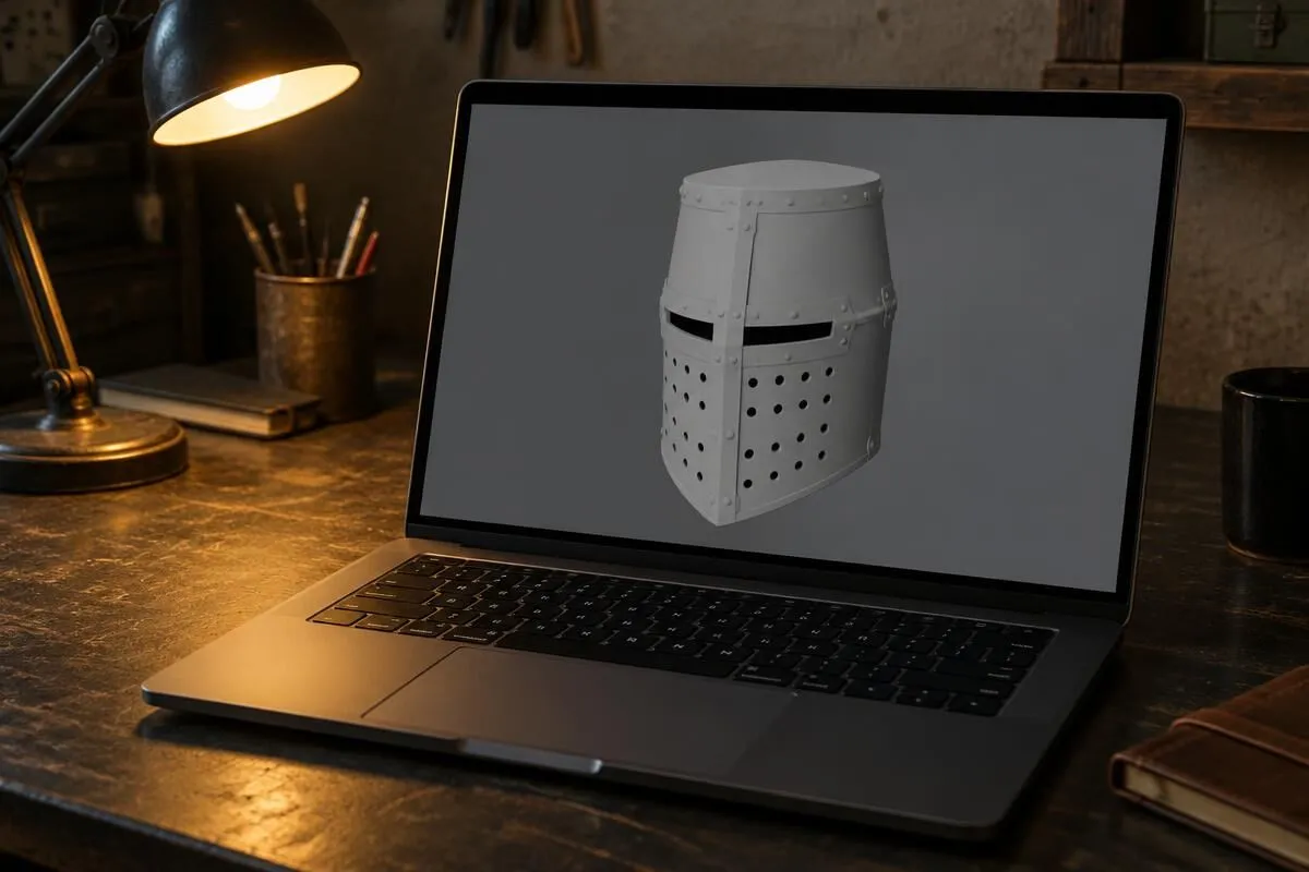 Laptop showing an untextured grey 3D helmet model