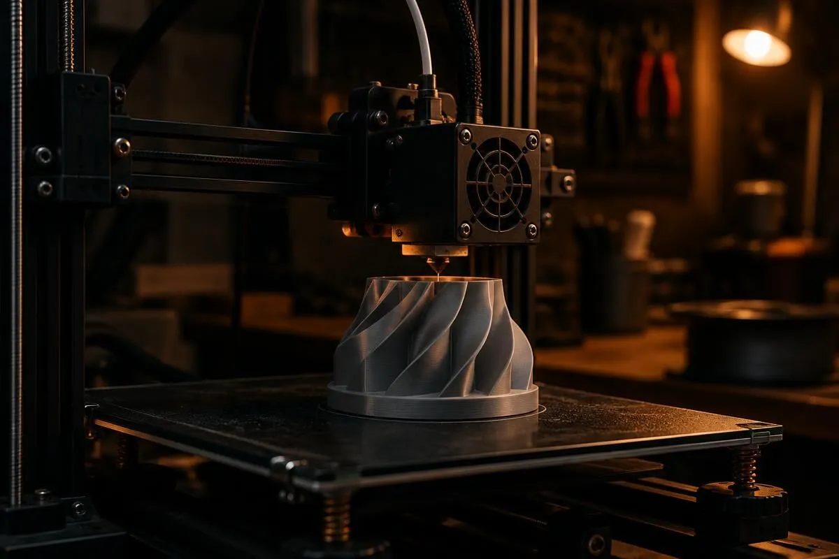 FDM 3D printer mid-print in a dark workshop