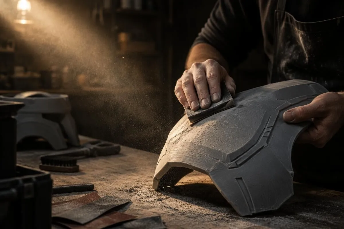 Hands sanding a 3D printed armor piece