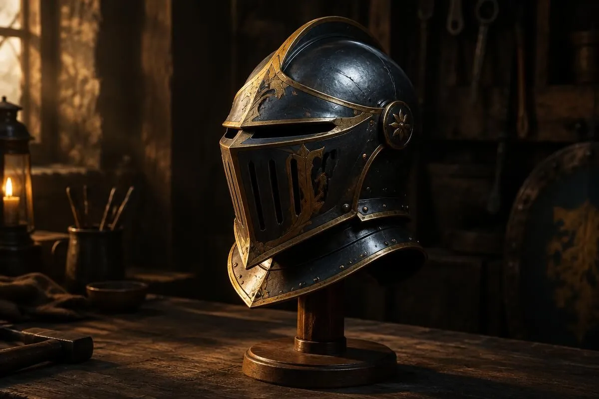 Finished painted knight helmet on a wooden stand