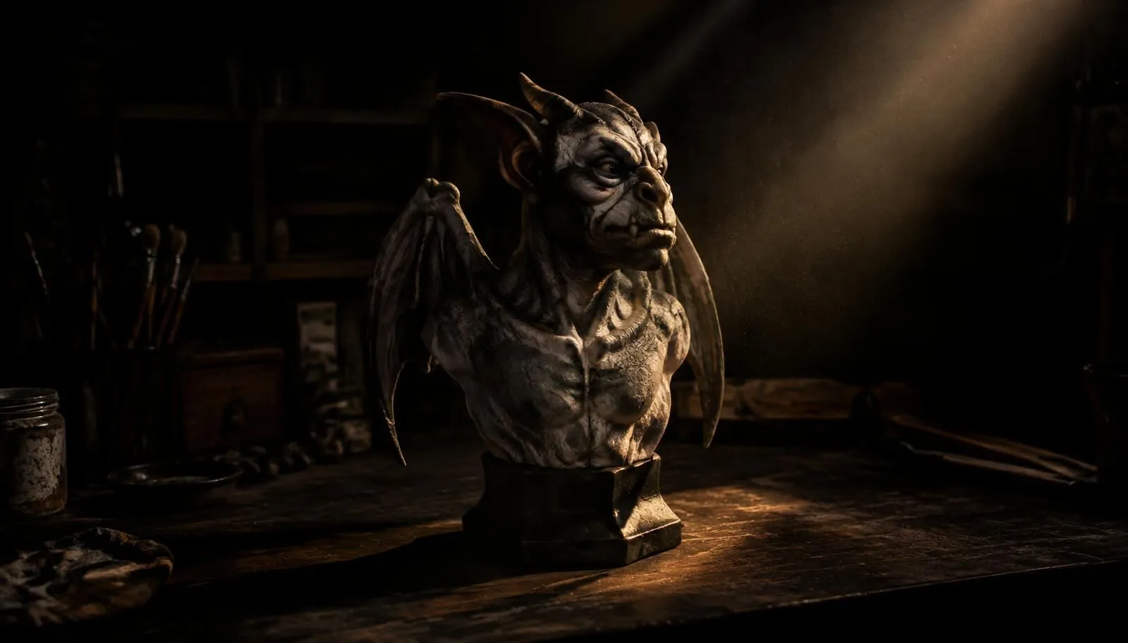 Hand-painted gargoyle-like creature bust on a dark workbench under a warm spotlight