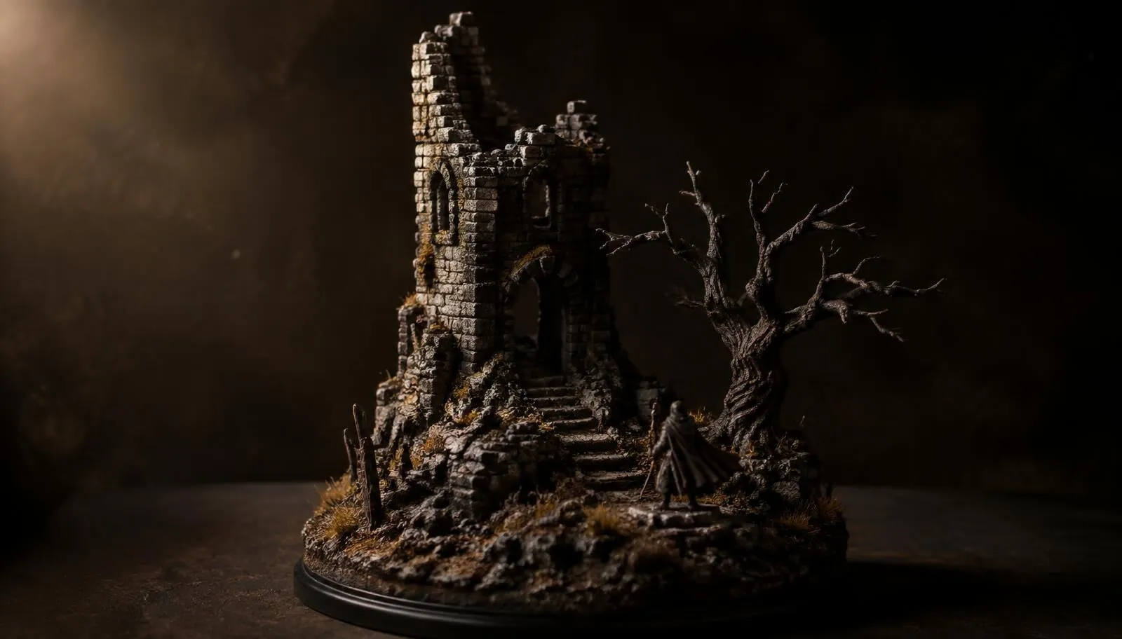 Painted dark-fantasy diorama of a ruined stone tower beside a dead tree