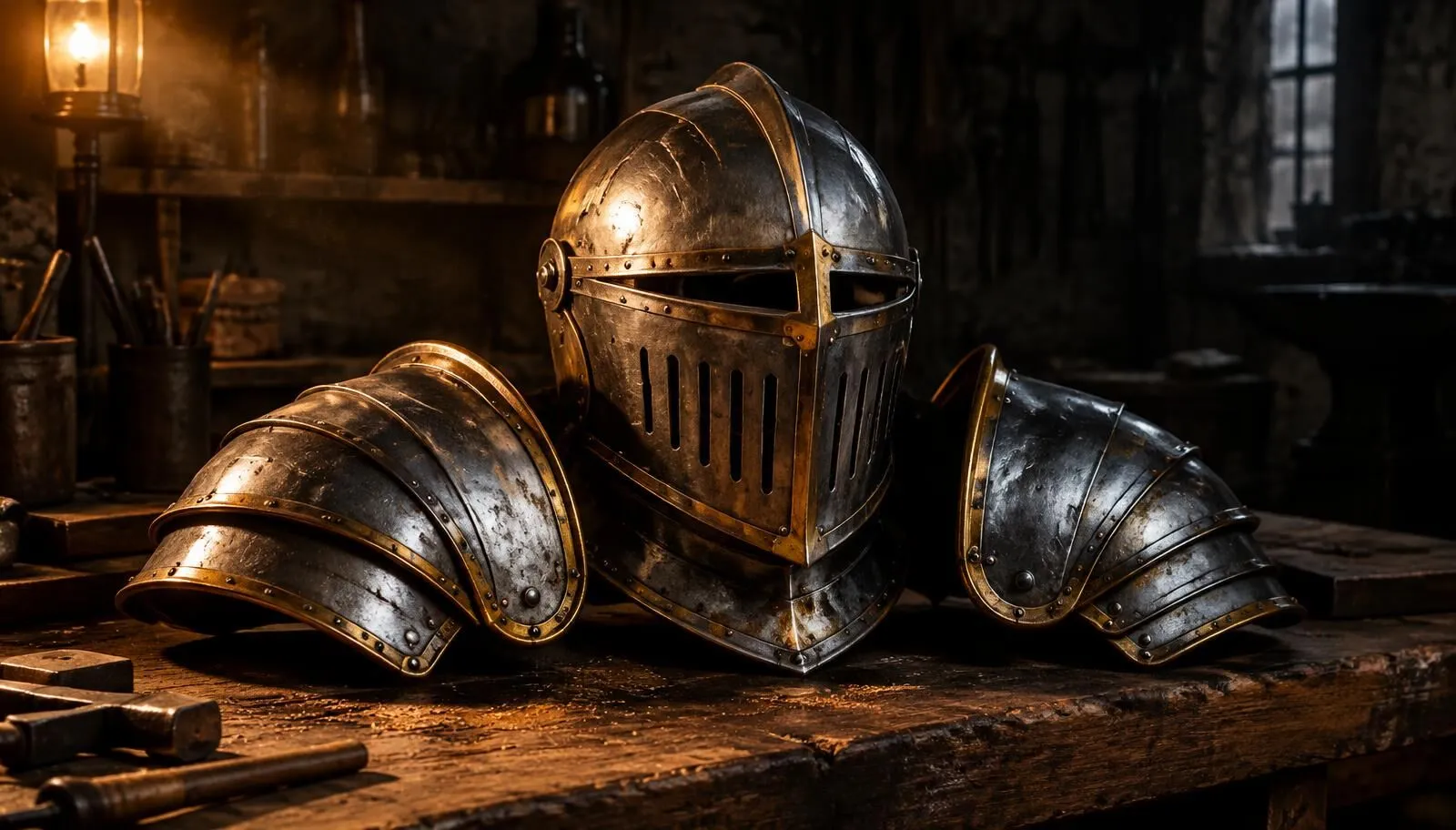 Painted knight helmet and armor pauldrons resting on a wooden workbench