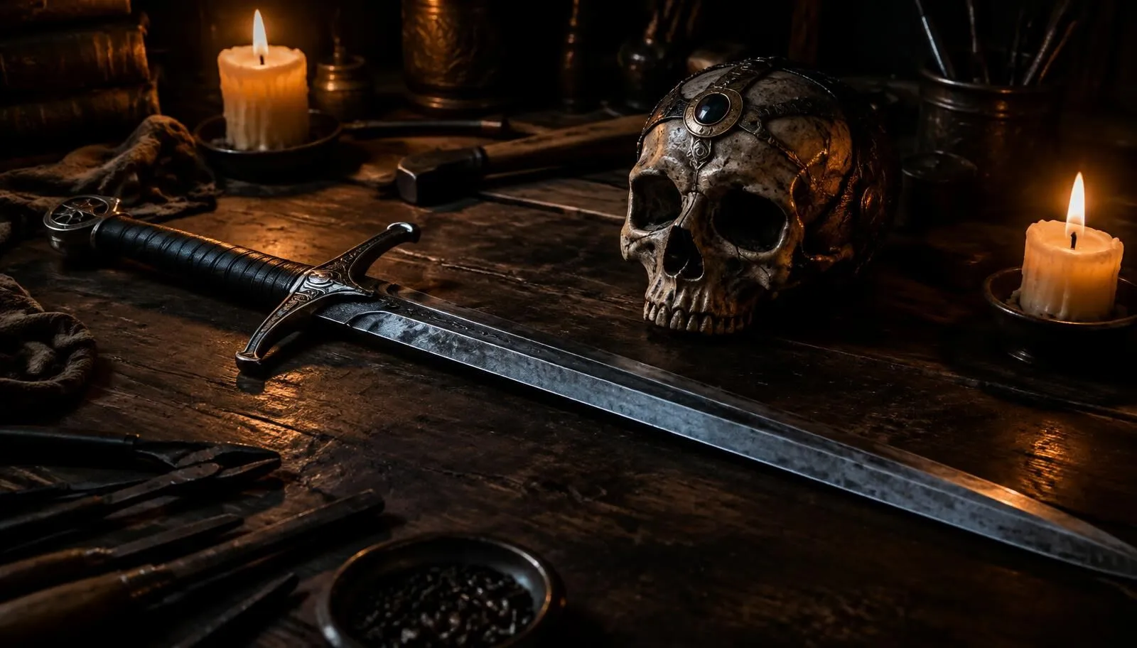 Fantasy sword and skull relic prop on dark wood lit by candles